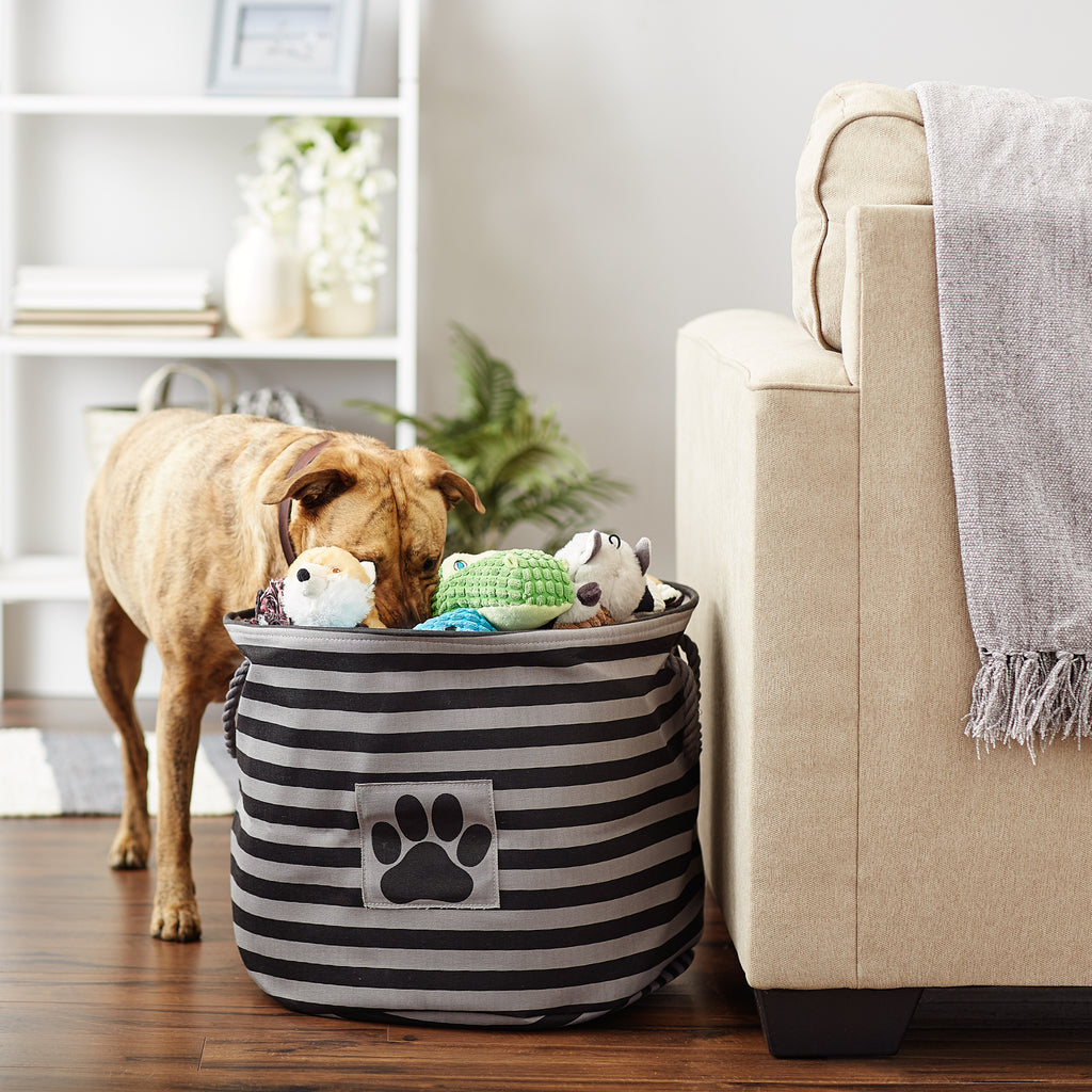 Polyester Pet Bin Stripe With Paw Patch Black Round Large 15X18X18