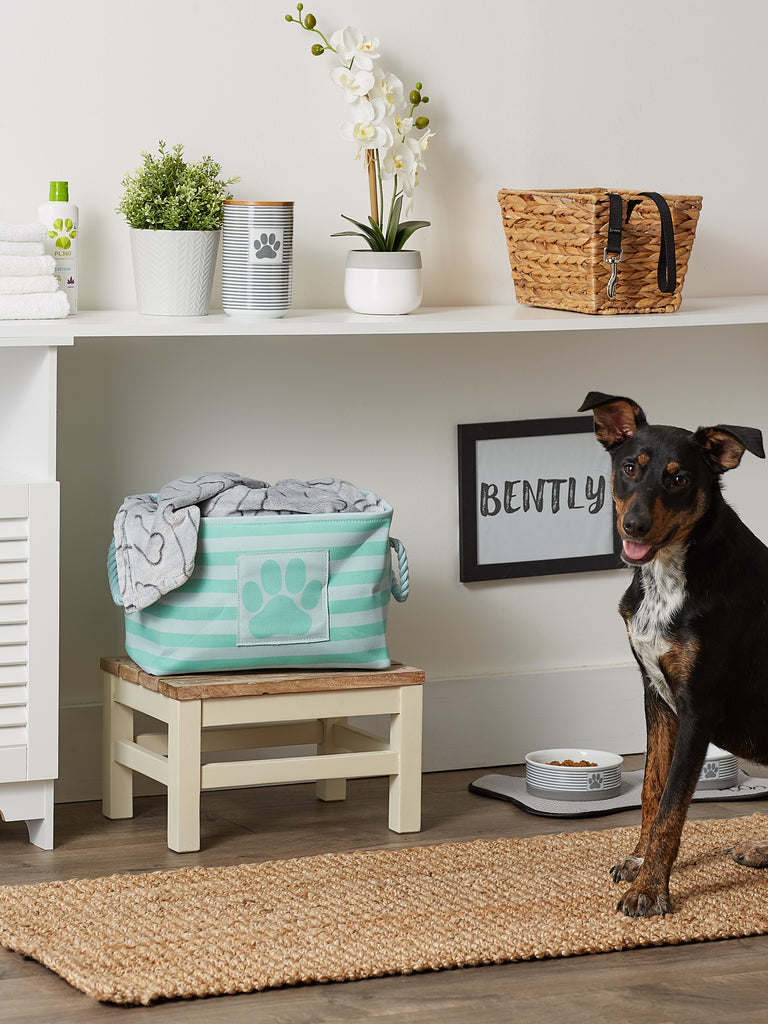 Polyester Pet Bin Stripe With Paw Patch Aqua Rectangle Small 14X8X9