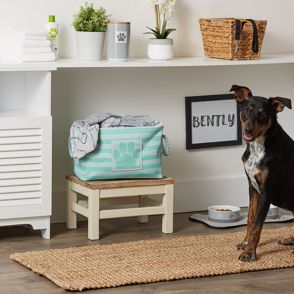 Polyester Pet Bin Stripe With Paw Patch Aqua Rectangle Small 14X8X9