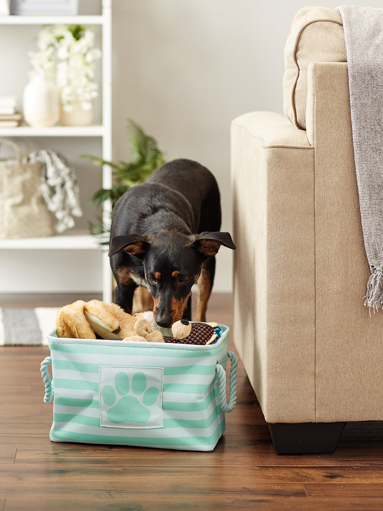 Polyester Pet Bin Stripe With Paw Patch Aqua Rectangle Small 14X8X9