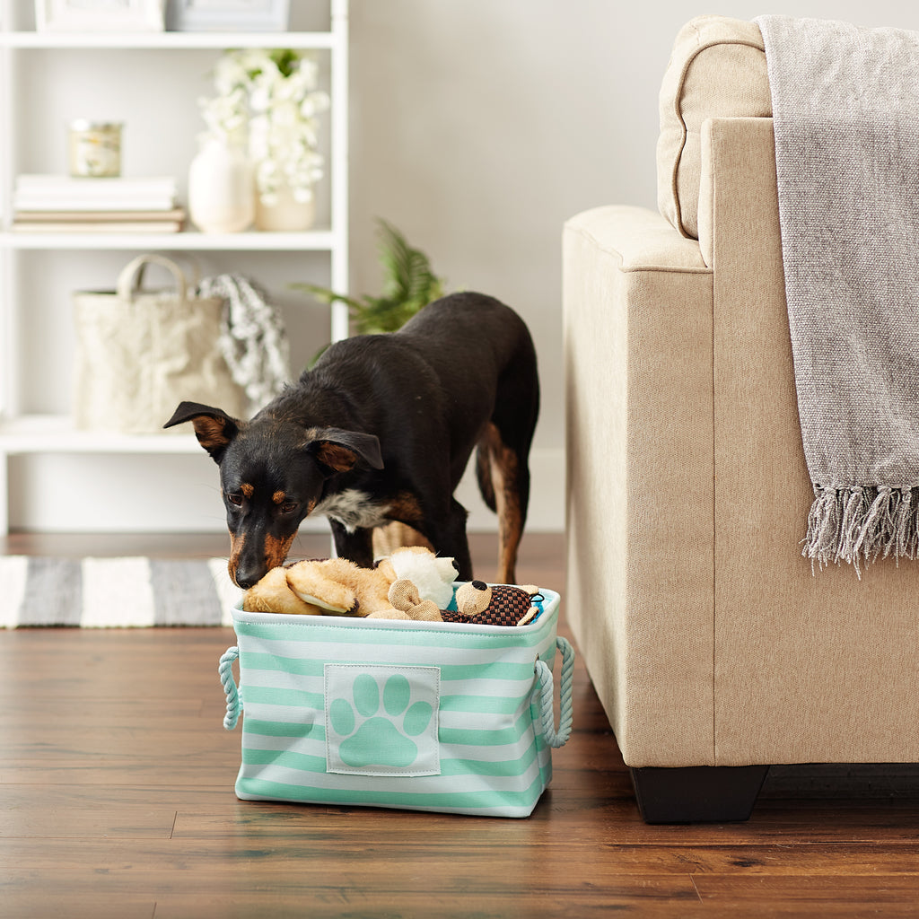 Polyester Pet Bin Stripe With Paw Patch Aqua Rectangle Small 14X8X9