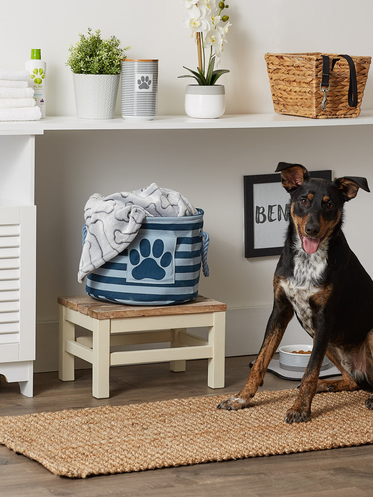 Polyester Pet Bin Stripe With Paw Patch Dark Navy Round Small 9X12X12