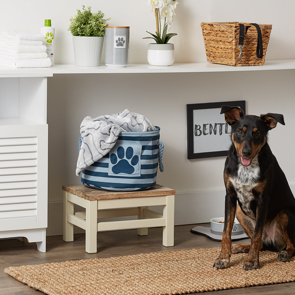 Polyester Pet Bin Stripe With Paw Patch Dark Navy Round Small 9X12X12