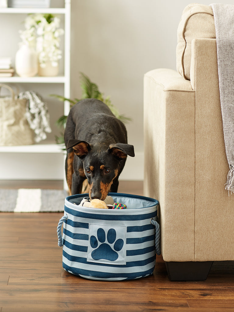 Polyester Pet Bin Stripe With Paw Patch Dark Navy Round Small 9X12X12