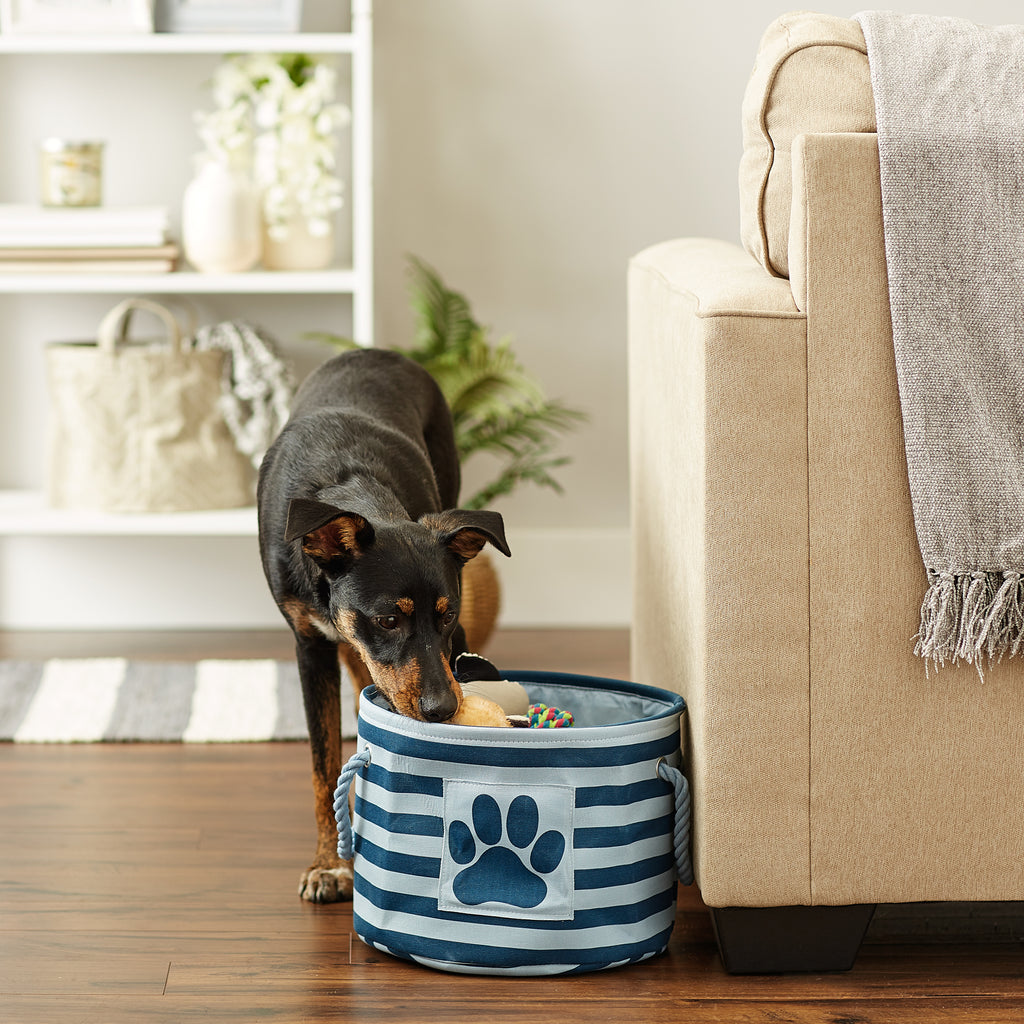 Polyester Pet Bin Stripe With Paw Patch Dark Navy Round Small 9X12X12