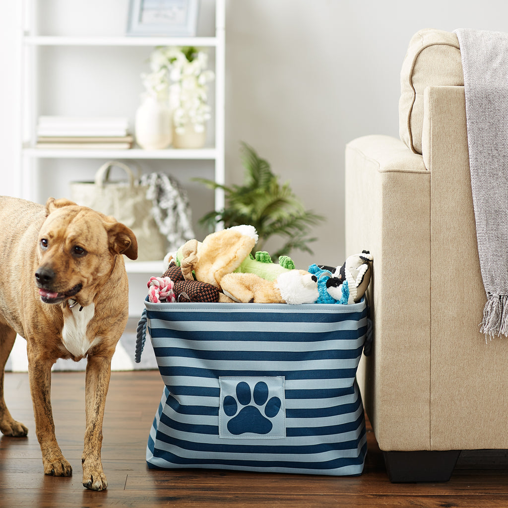 Polyester Pet Bin Stripe With Paw Patch Dark Navy Rectangle Large 17.5X12X15