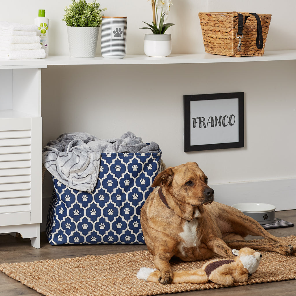 Polyester Pet Bin Lattice Paw Nautical Blue Rectangle Large