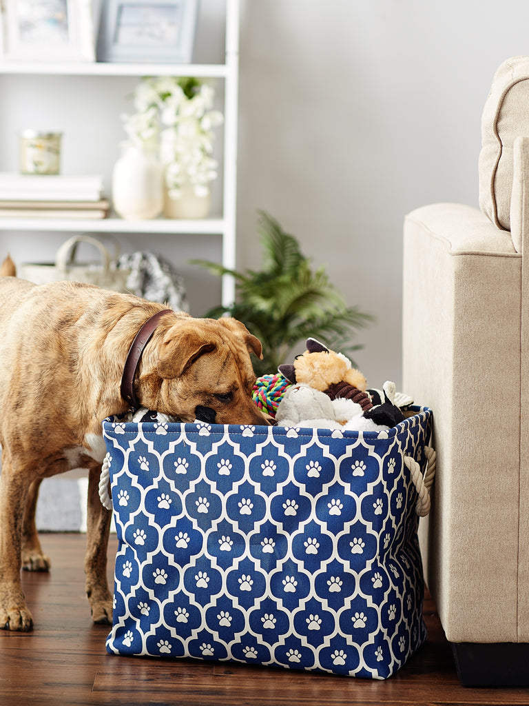 Polyester Pet Bin Lattice Paw Nautical Blue Rectangle Large