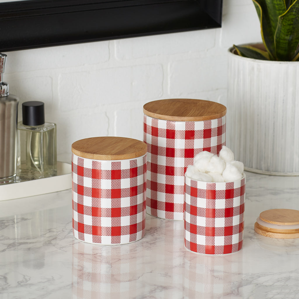 Red & White Buffalo Check Ceramic Canister (Set of 3)