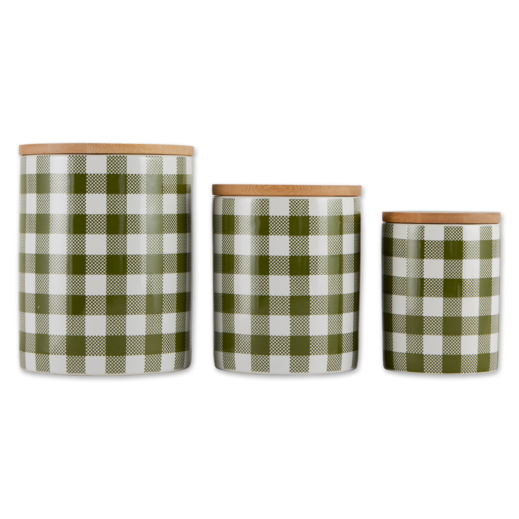 Antique Green & White Buffalo Check Ceramic Canister Set of 3