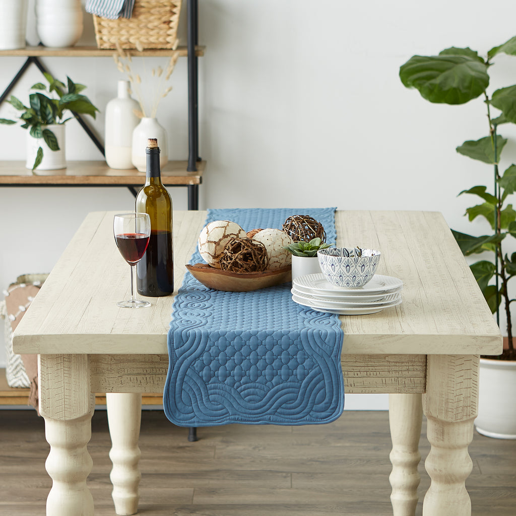 French Blue Quilted Farmhouse Table Runner 13X72