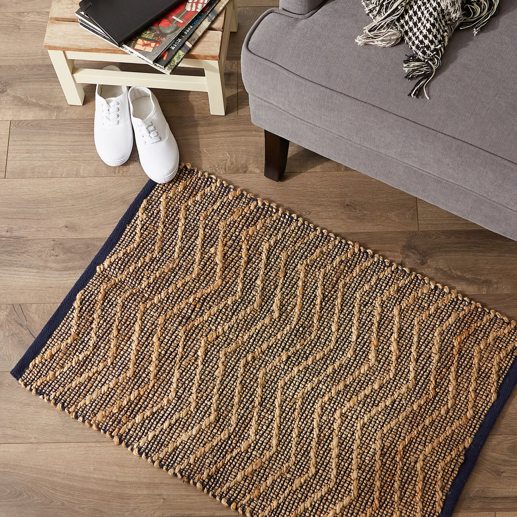 French Blue With Natural Jute Chevron Hand-Loomed Rug 2X3 Ft