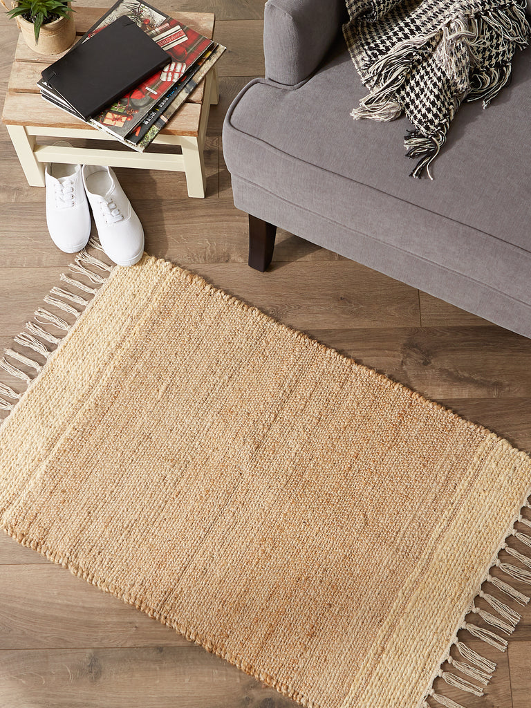 Off White With Natural Jute Stripes Hand-Loomed Rug 2X3 Ft