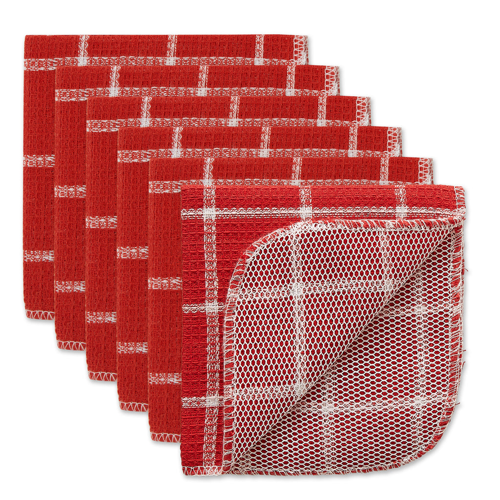 Red Windowpane Scrubber Dishcloth Set of 6