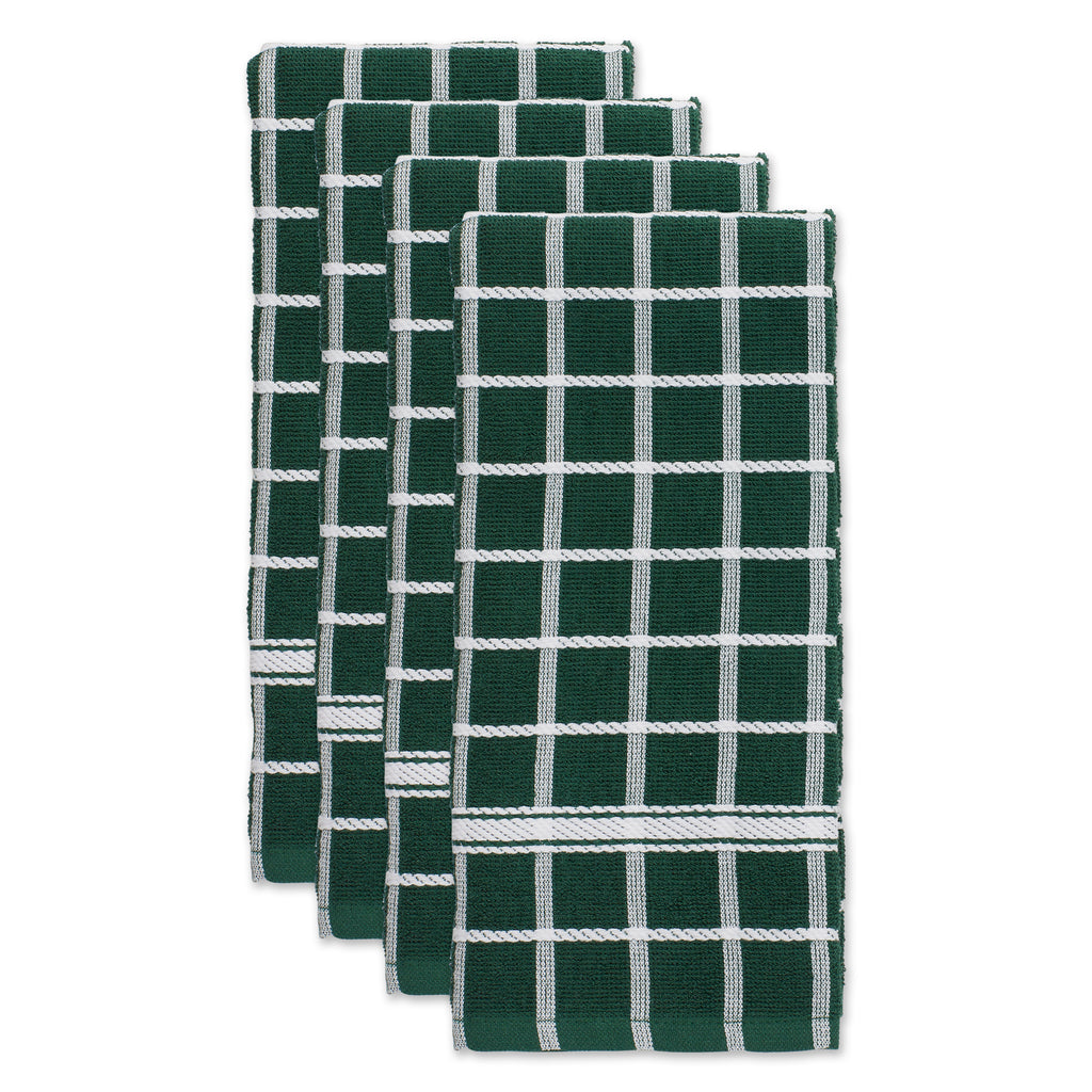Dark Green Solid Windowpane Terry Dishtowel Set Of 4
