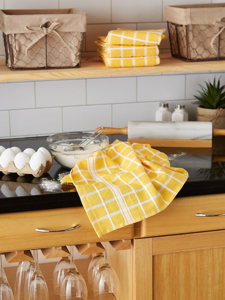 Yellow Solid Windowpane Terry Dishtowel Set Of 4