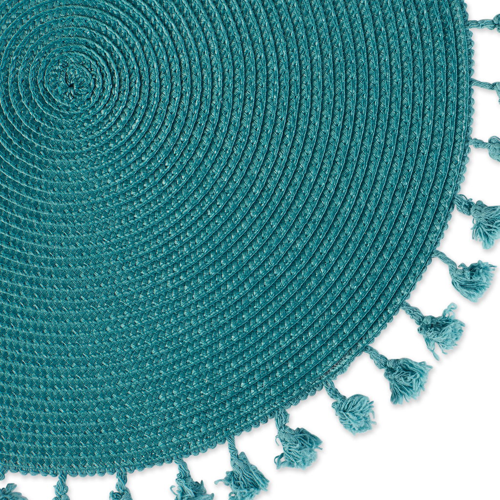 Teal Tassel Fringe Pp Woven Round Placemat Set Of 6