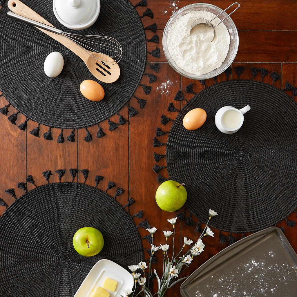 Black Tassel Fringe Pp Woven Round Placemat Set Of 6