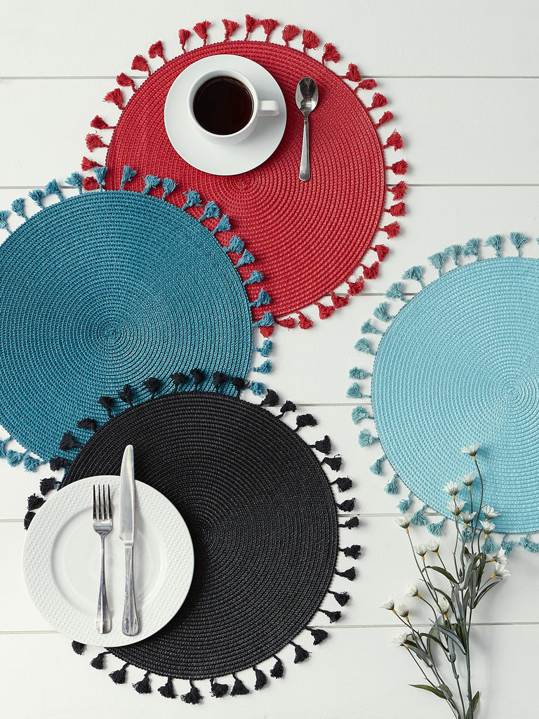 Black Tassel Fringe Pp Woven Round Placemat (Set Of 6)