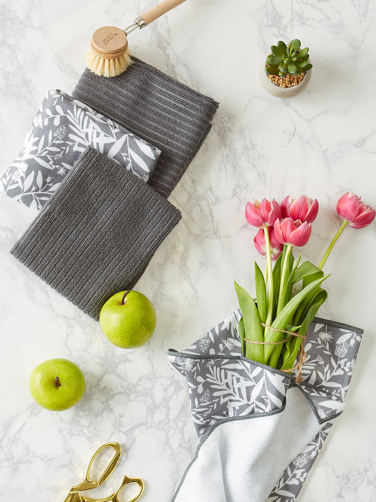 Gray Abstract Floral Mf Dishtowel Set Of 4