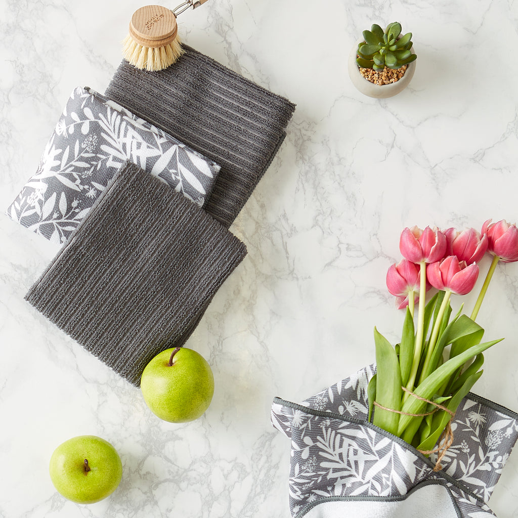 Gray Abstract Floral Mf Dishtowel Set Of 4