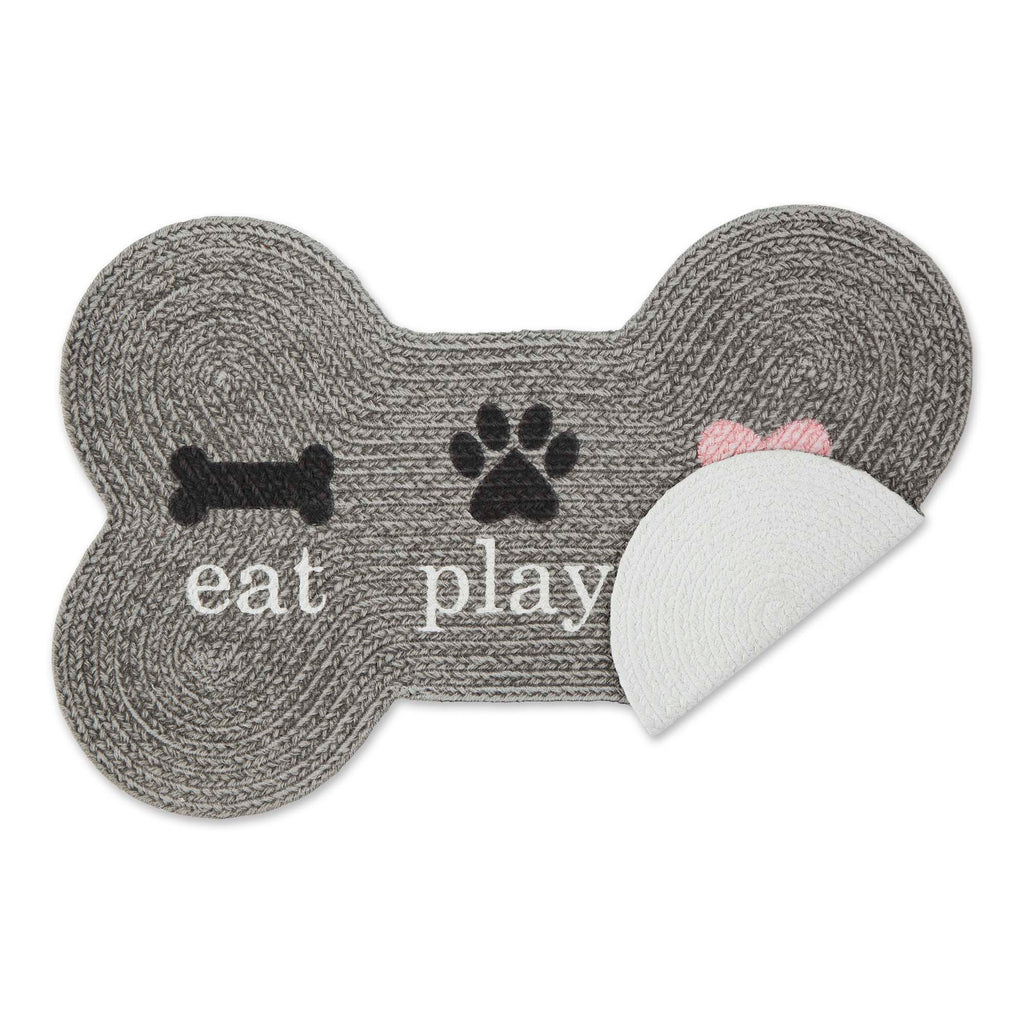 Gray Eat Play Love Bone Shaped Pet Mat 16X24