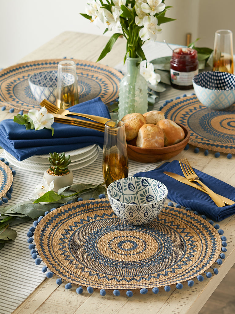 French Blue Aztec Print On Natural Round Jute Placemat set of 6