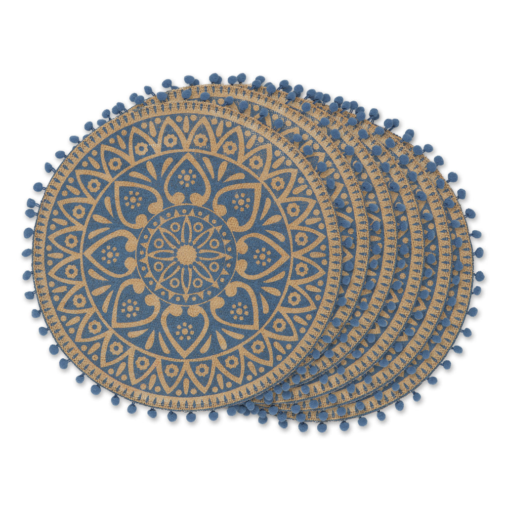 French Blue Block Print On Natural Round Jute Placemat set of 6