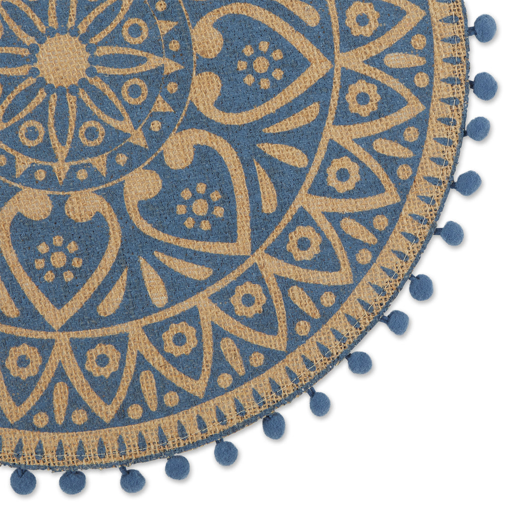 French Blue Block Print On Natural Round Jute Placemat set of 6