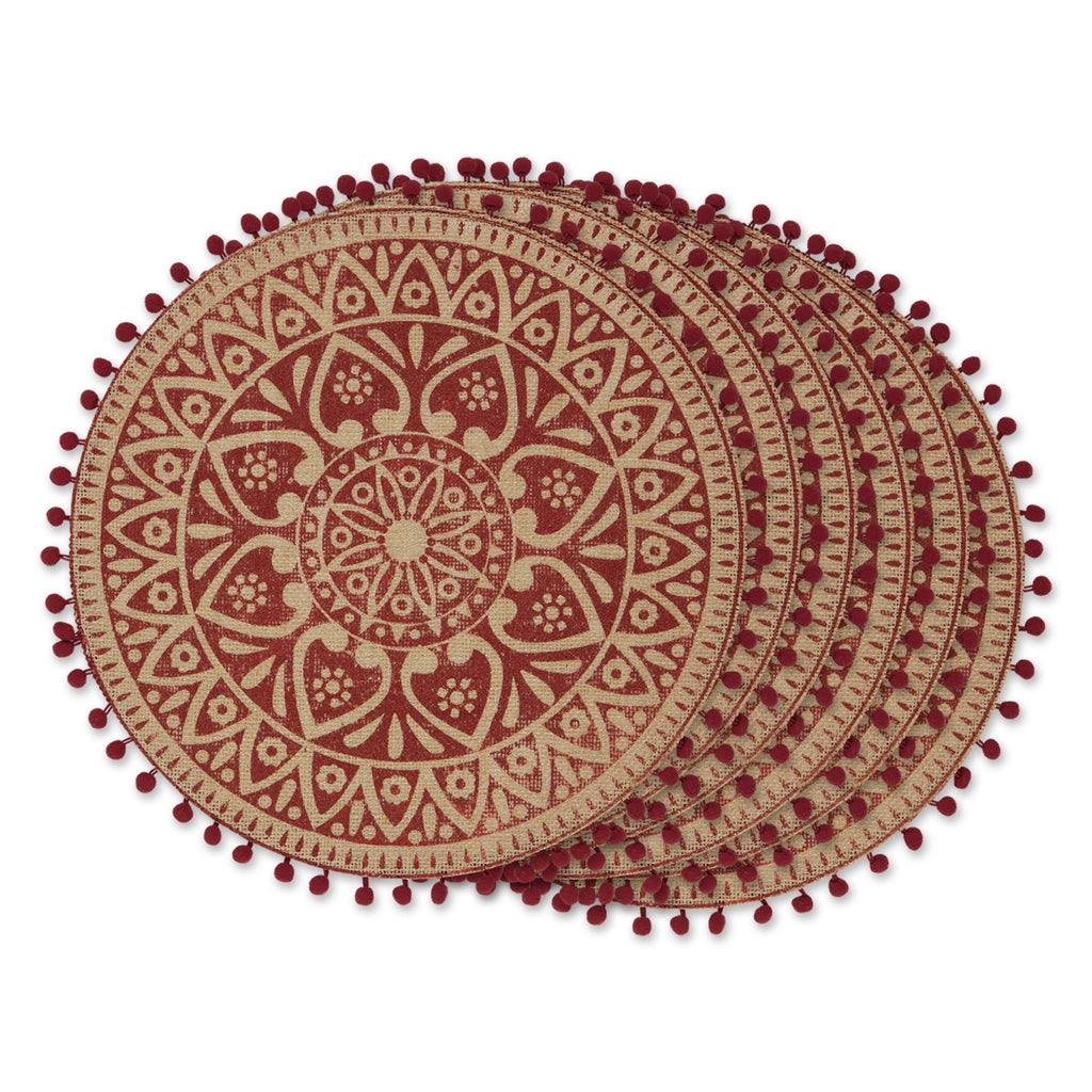 Barn Red Block Print On Natural Round Jute Placemat set of 6