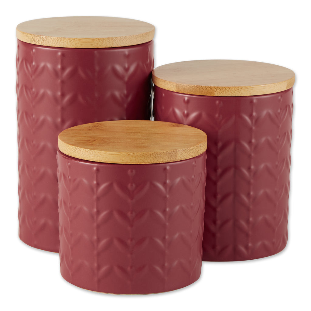 Barn Red Matte Retro Vine Texture Ceramic Canister Set of 3