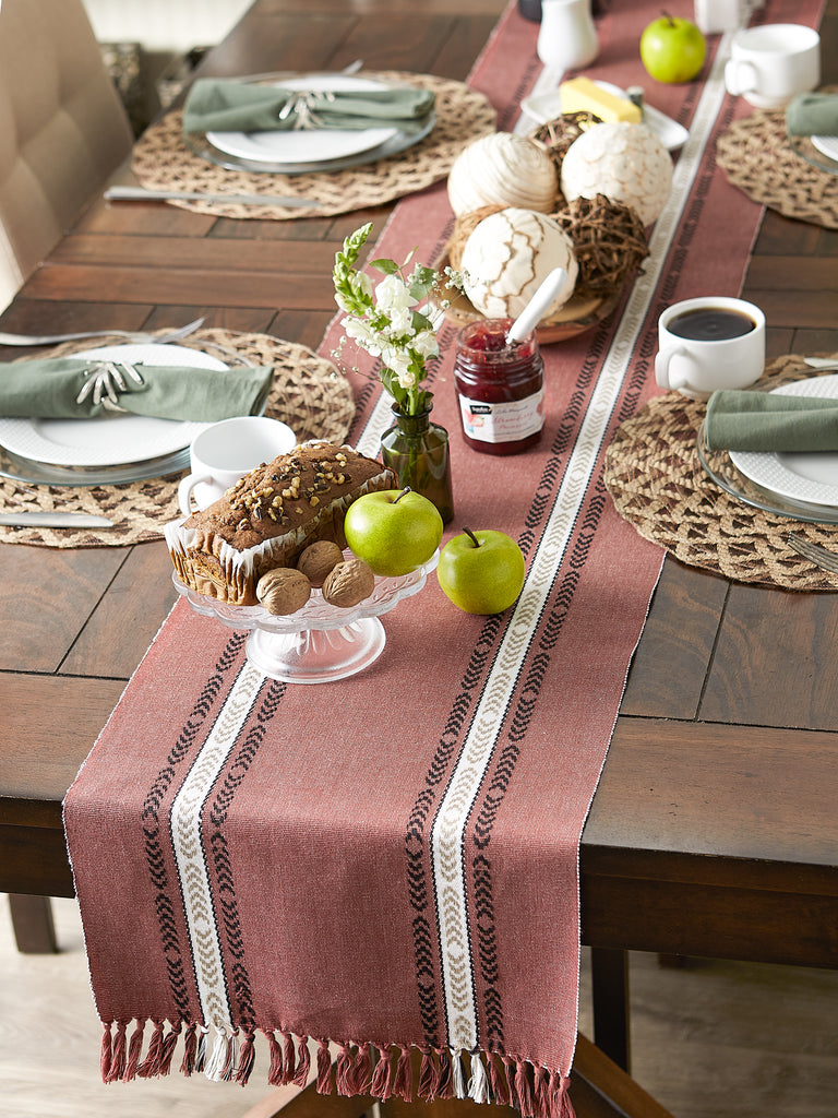 Clay Dobby Striped Fringe Ribbed Table Runner 14x72