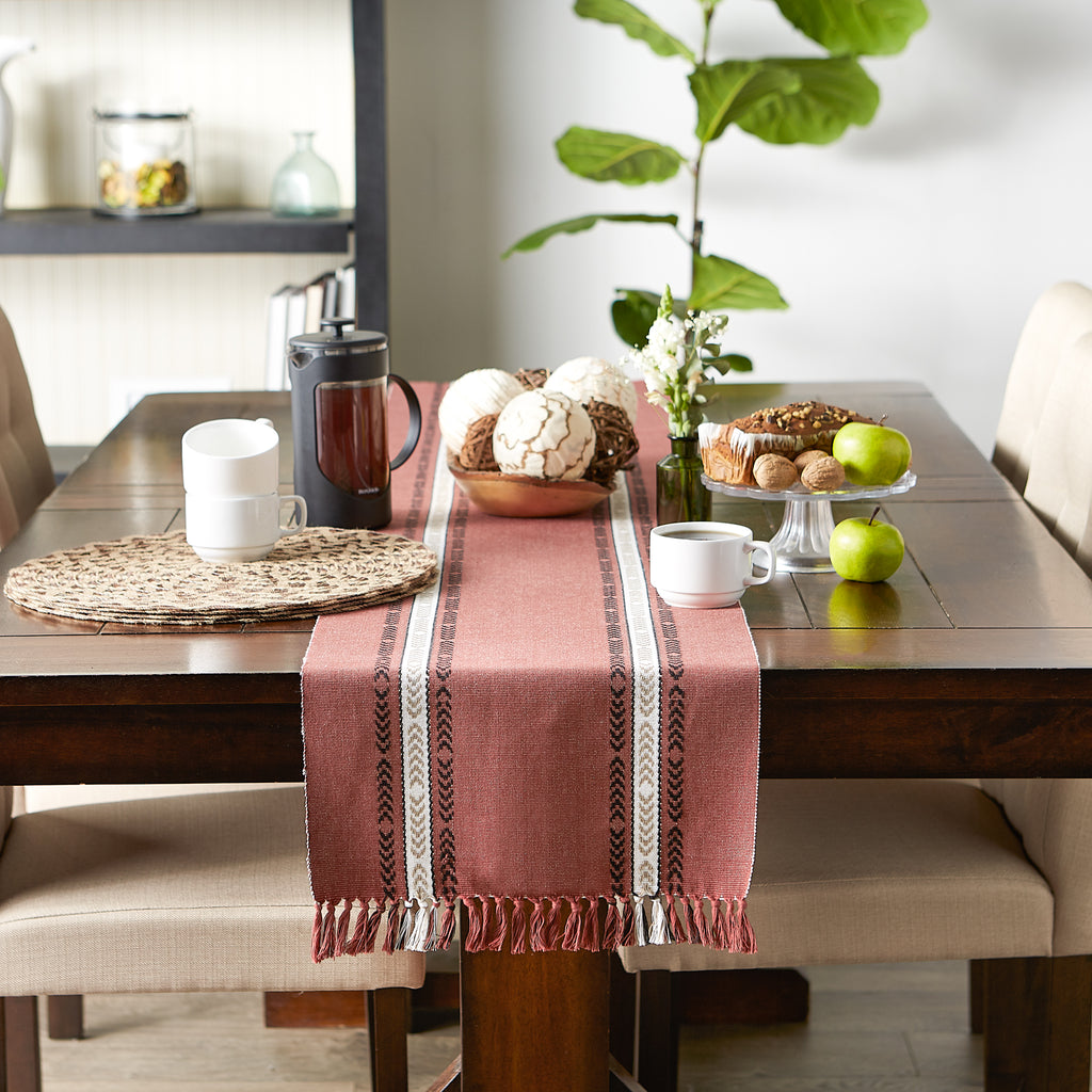 Clay Dobby Striped Fringe Ribbed Table Runner 14x108