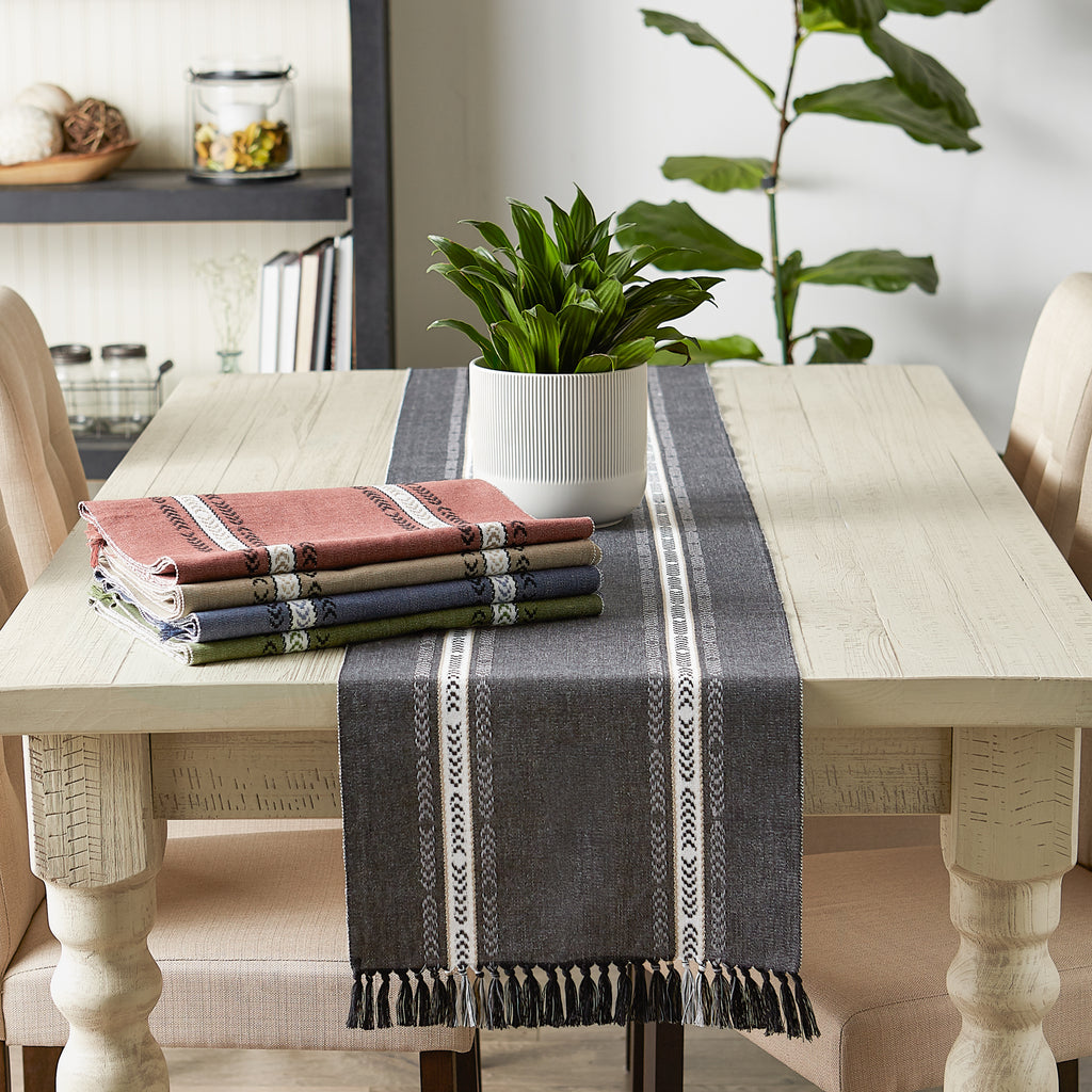 Clay Dobby Striped Fringe Ribbed Table Runner 14x108