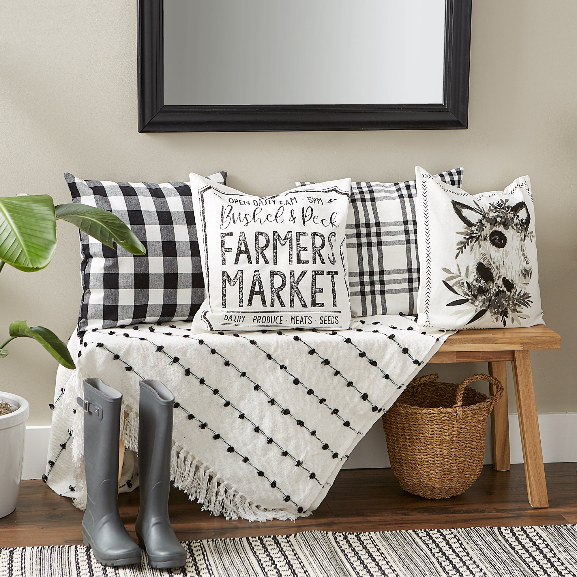 DII Cow and Farmers Market Farmhouse Check and Print Pillow Cover 18x18 inch, 4 Piece