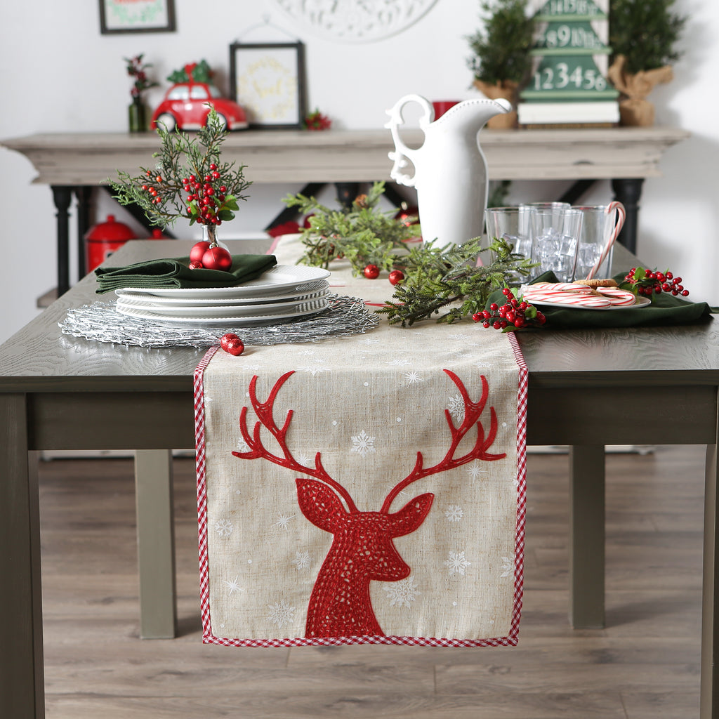 Red Reindeer Embroidered Table Runner 14X108