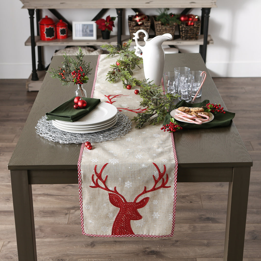 Red Reindeer Embroidered Table Runner 14X108