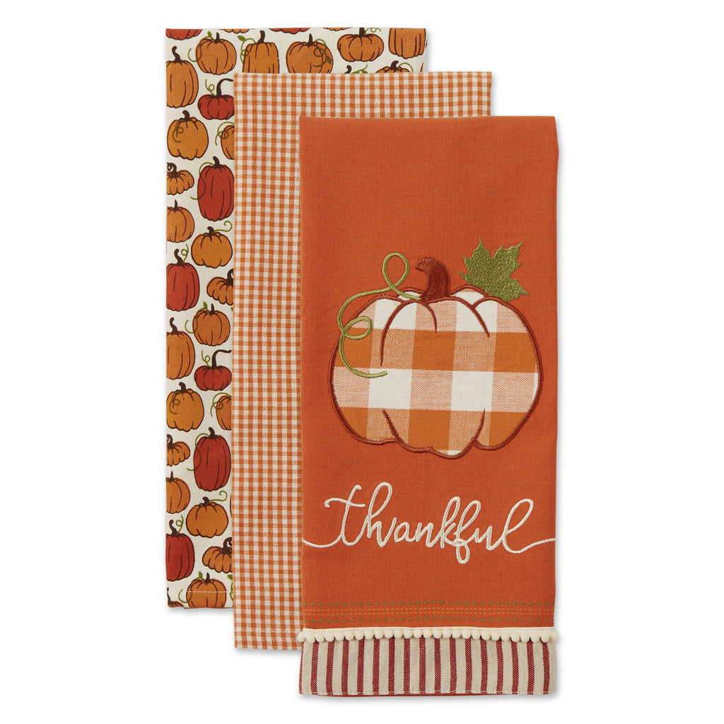 Thankful Check Pumpkin Dishtowel Set of 3