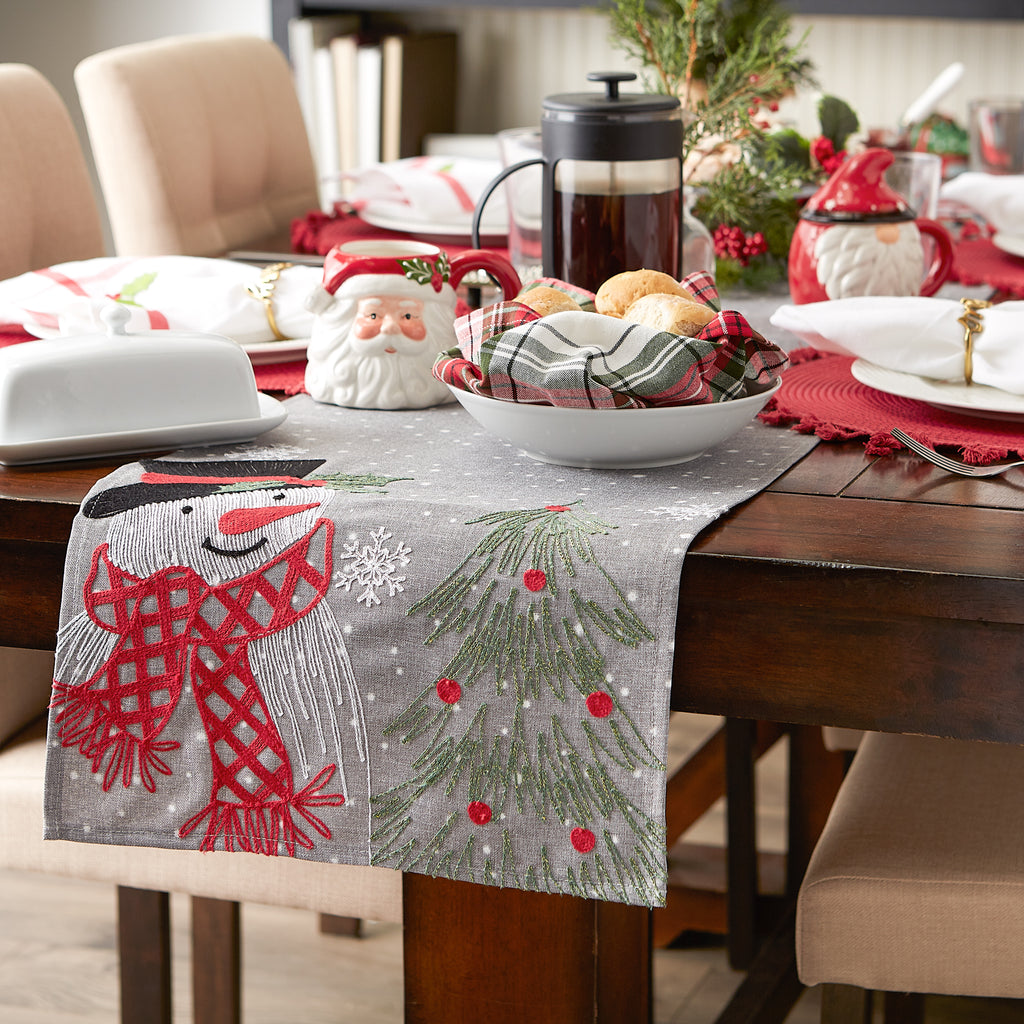 Snowman Embroidered Gray Table Runner 14X70