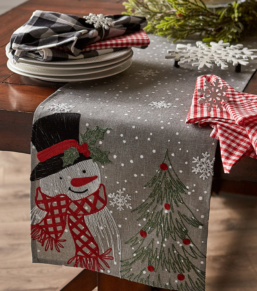 Snowman Embroidered Gray Table Runner 14X70