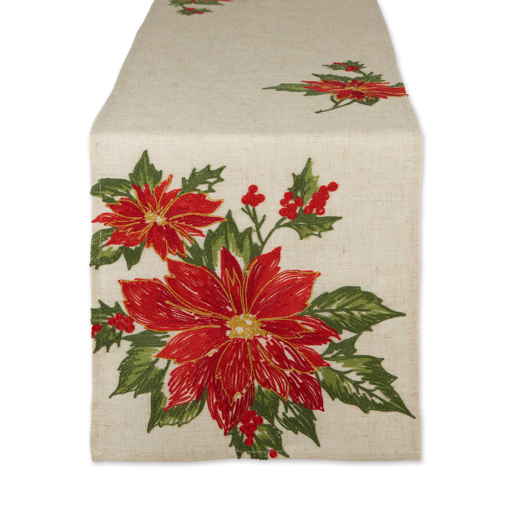 Poinsettia Holly Embroidered Table Runner 14X70