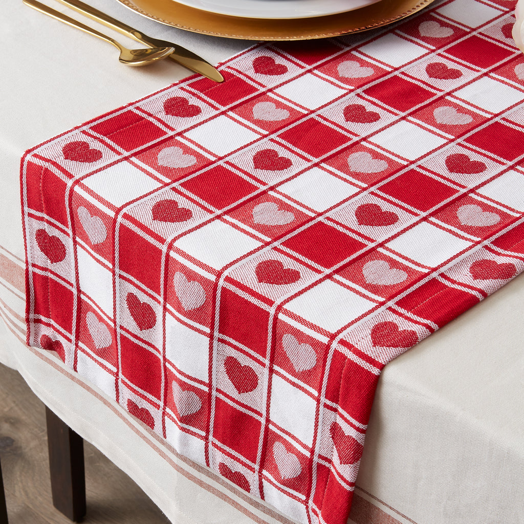 Hearts Woven Check Table Runner 14X108