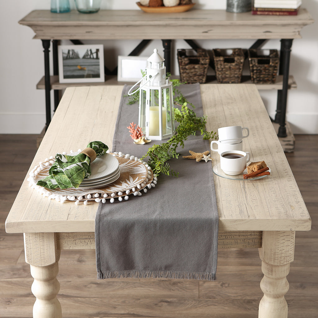 Solid Gray Heavyweight Fringed Table Runner 14X108