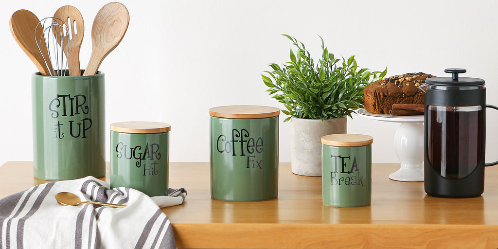 Artichoke Green Coffee/Sugar/Tea Ceramic Canister Set of 3