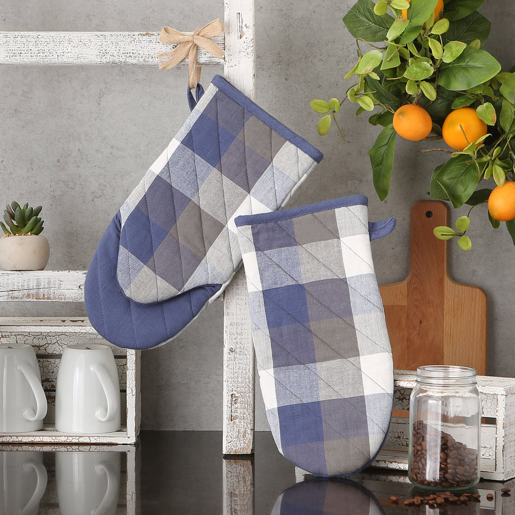 French Blue Tri Color Check Oven Mitt Set of 2