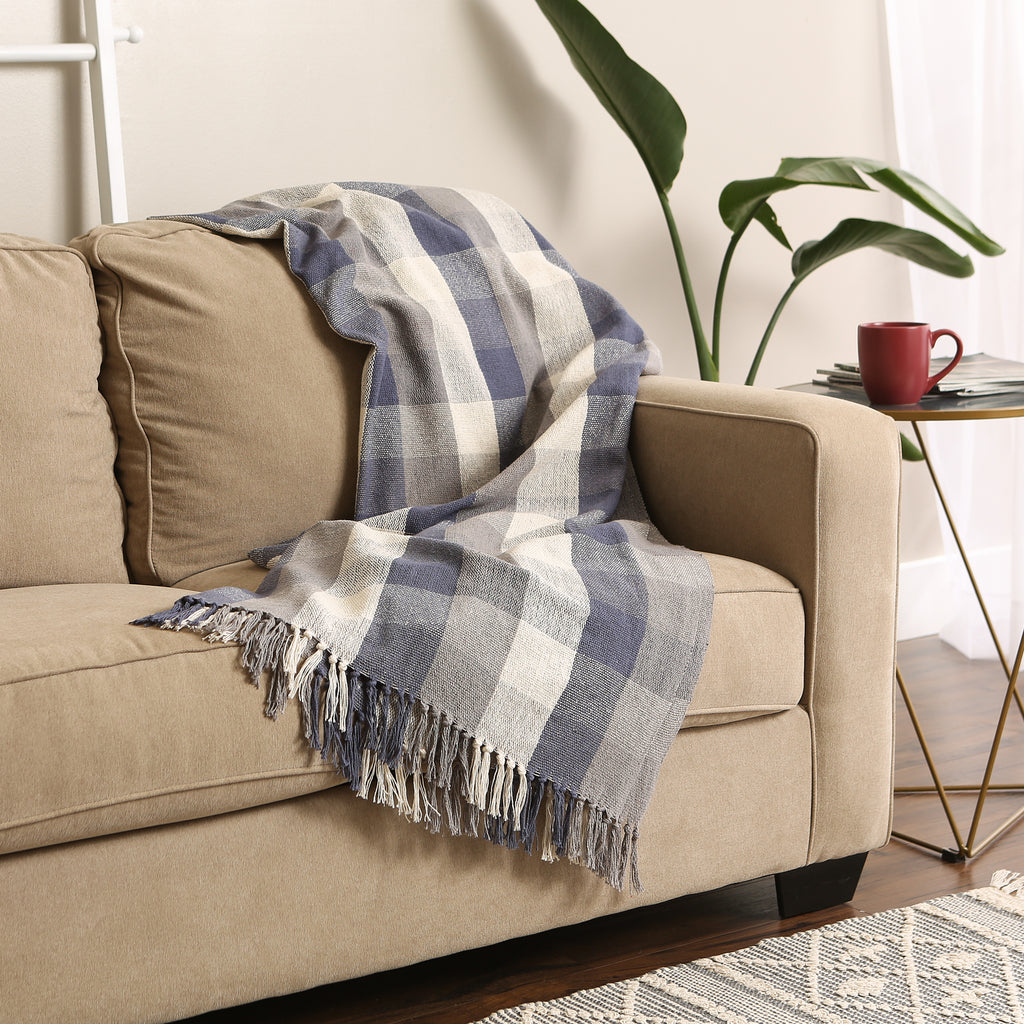French Blue Tri Color Check Throw