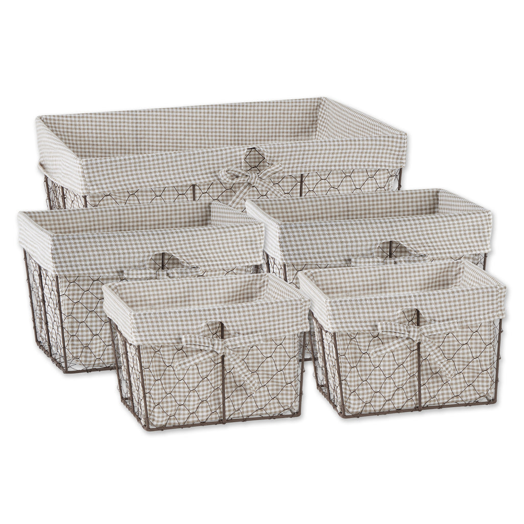 Rustic Bronze Chicken Wire Stone & White Gingham Check Liner Basket Set of 5