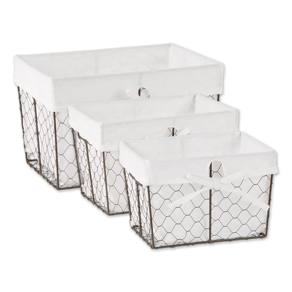 Vintage Grey Chicken Wire Bleached White Liner Basket Set of 3