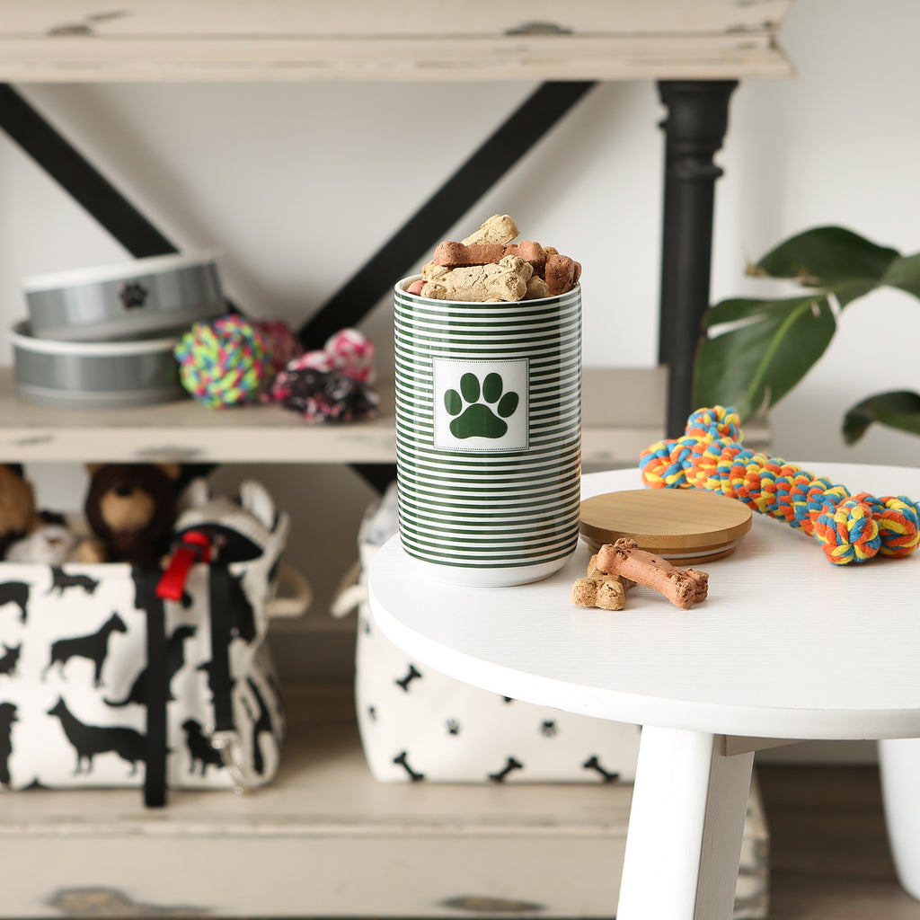 Hunter Green Stripe With Paw Patch Ceramic Treat Canister