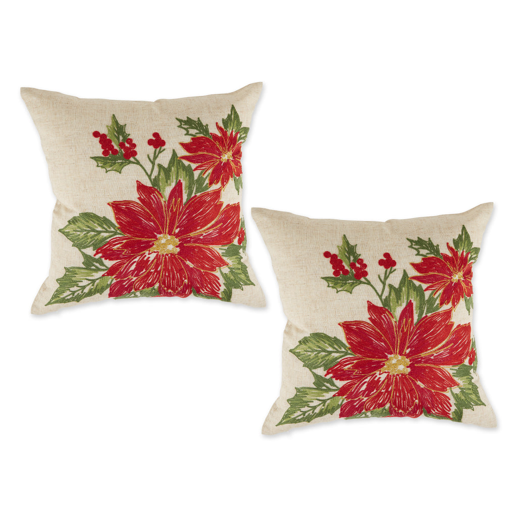 Poinsettia Holly Embroidered Pillow Cover 18X18 set of 2